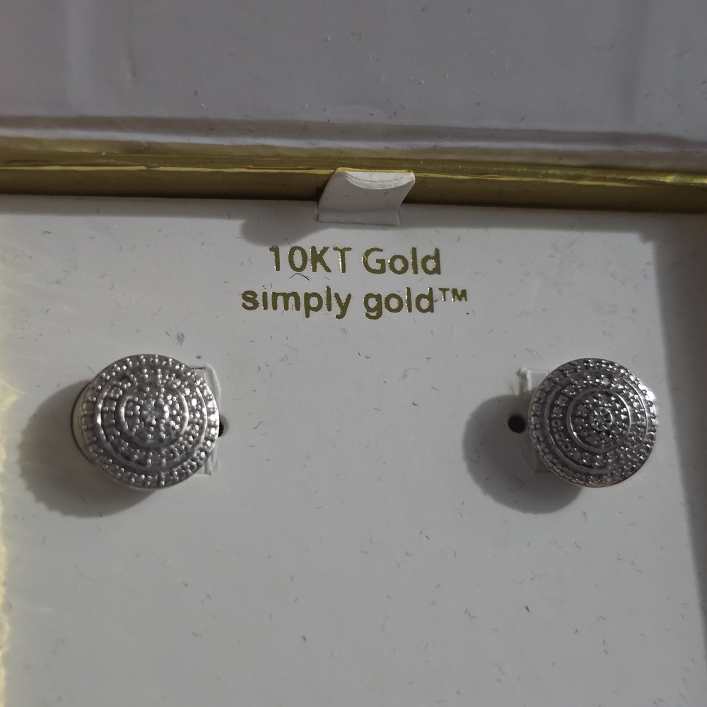 Simply Gold Silver-Tone Round Stud Earrings with Diamond Accents - White